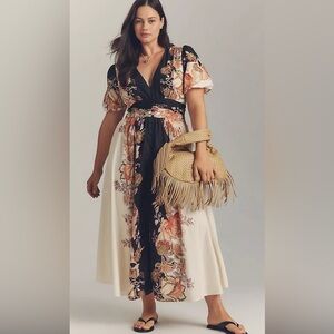 Anthropologie Black and Cream Floral Maxi Dress